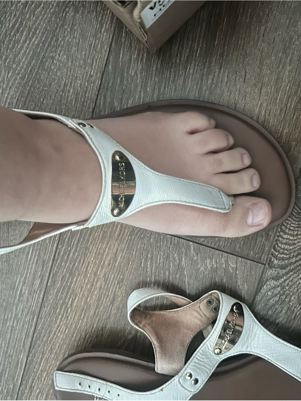 Michael Kors White and Brown Thong Slingback Sandals with Gold Logo Plaque